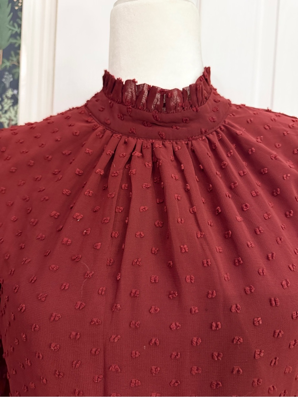 Altar'd State Wine Red Swiss Dot Long Sleeve Tiered Dress - Picture 2 of 7